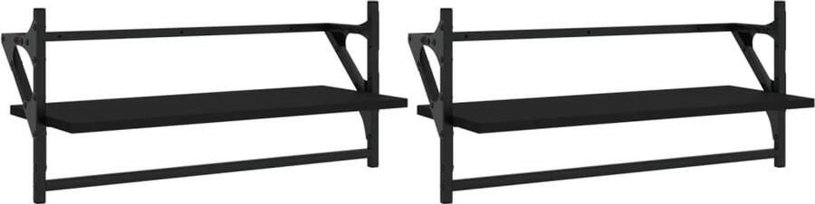 The Living Store Wandschappen met stangen 2 st 65x25x30 cm zwart Zwevende Wanden Wanddecoratie Houten Wandplanken Zwarte Wandkasten Opbergwand