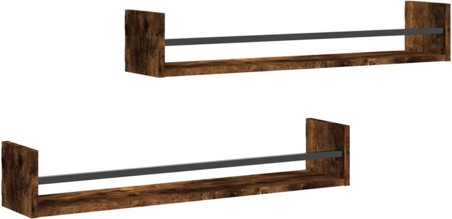 VidaXL Wandschappen met stangen 2 st 80x16x14 cm gerookt eikenkleurig Wandschap Wandschappen Wandplank Wandrek
