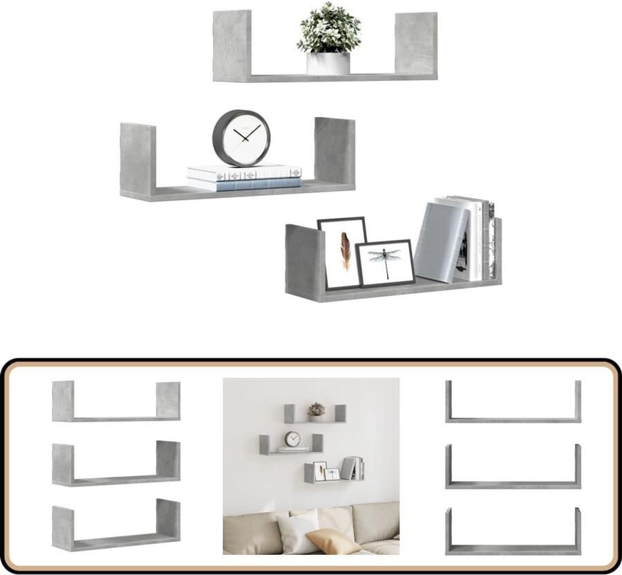 VidaXL Wandschappen Set van 3 Betongrijs 58x18x18 cm Zwevende Wandplank Wandplanken Betonnen Look Opbergruimte Houten Wandplank