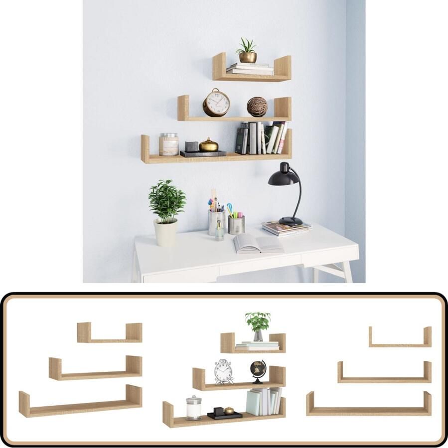 VidaXL Wandschappen set van 3 Sonoma eikenkleur Wandplank Houten Plank Sonomaplank Opbergplank Decoratieve Plank