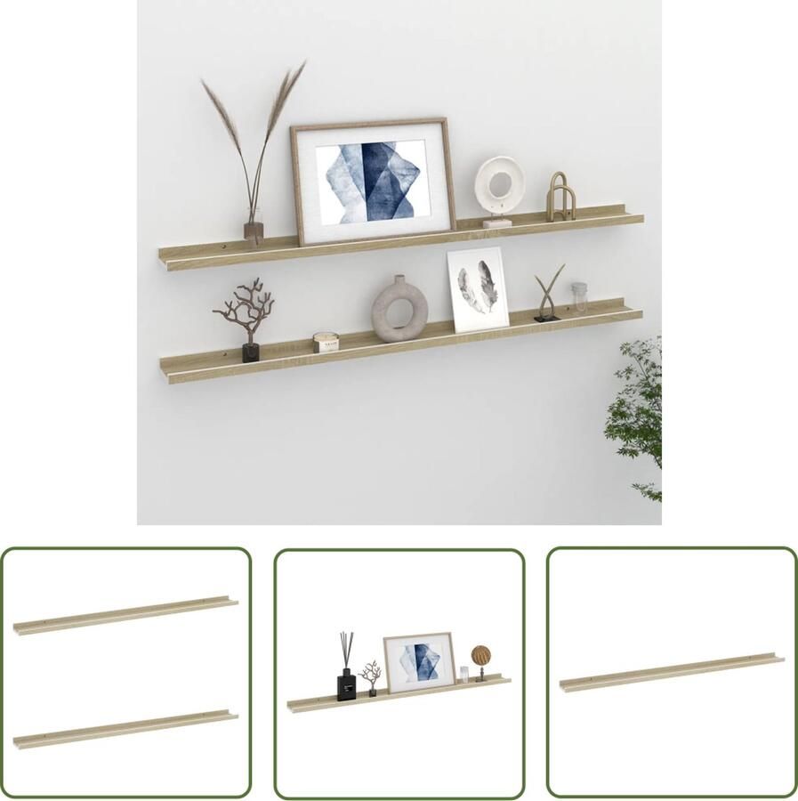 The Living Store Wandschappen 2 st 115x9x3 cm wit en sonoma eikenkleurig Wanddecoratie Wandplank Schappenset Woonaccessoires Mdf Meubels