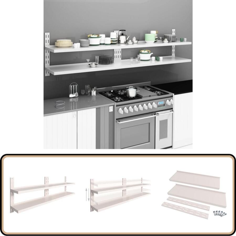 VidaXL Wandschappen zwevend 2-laags 2 stuks Keuken Accessoires Wandplanken Roestvaststaal Opbergruimte Kookaccessoires