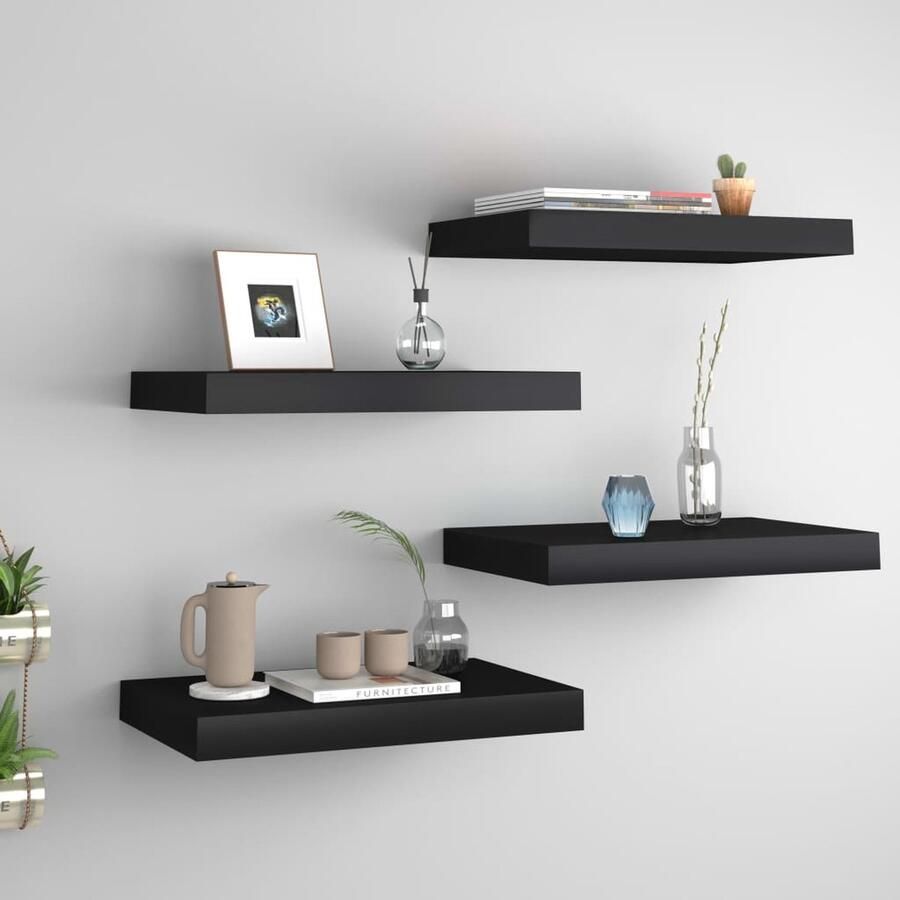 VidaXL Wandschappen zwevend 4 st 40x23x3 8 cm MDF zwart Zwevende Wandschappen Wandplank Mdf Wanddecoratie Black Wall Shelves Minimalistisch Design - Foto 2