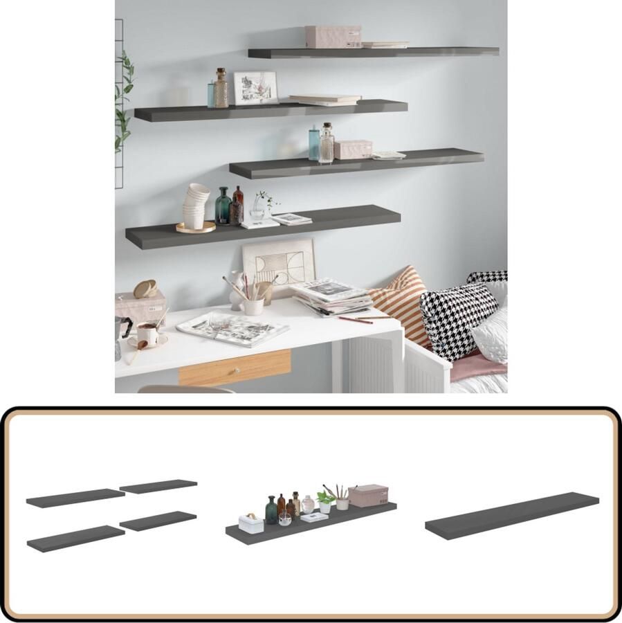 VidaXL Wandschappen Zwevend 4 stuks Hoogglans Grijs Wandplank Wanden Plank Opbergruimte Woonaccessoires Interieurdecoratie