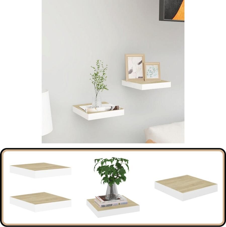 VidaXL Wandschappen Zwevend MDF Eiken en Wit 2 Stuks Wandplank Wanddecoratie Opbergruimte Houten Plank Witte Plank