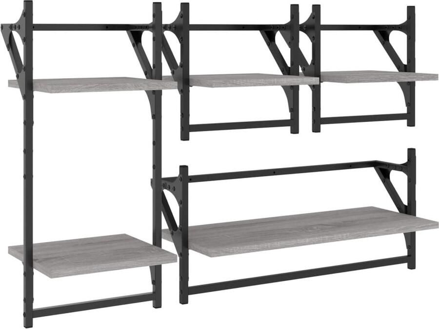 VidaXL Wandschappenset 4-delig Grijs Sonoma Eiken Wanddecoratie Wandplanken Houten Wandopbergen Grijze Meubels Woondecoratie