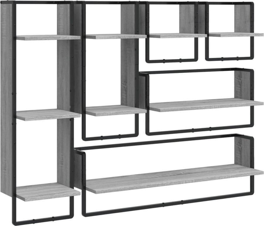 VidaXL Wandschappenset 6-delig Grijs Sonoma Eiken Woonaccessoires Wanddecoratie Houten Wandplanken Grijze Kastjes Opslagoplossingen