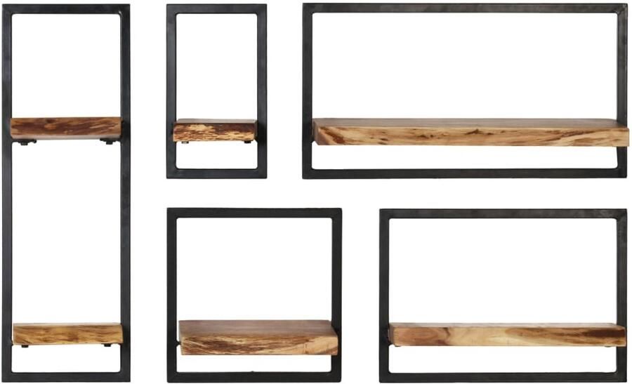 VidaXL Wandschappenset Acaciahout en Staal 5-delig Wanddecoratie Wandplanken Vintage Meubels Industrieel Wonen Massief Hout