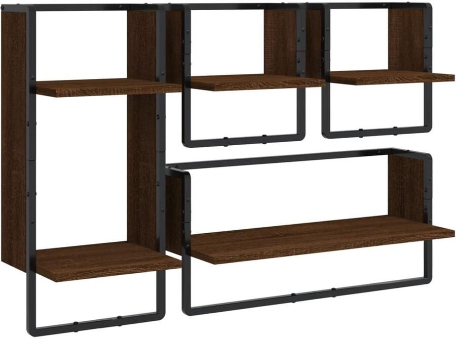 VidaXL 4-delige Wandschappenset met stangen bewerkt hout bruineiken Wandschappenset Wandschappensets Wandschap Wandplank