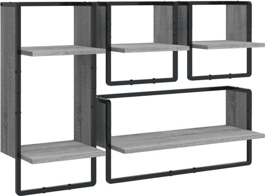 VidaXL Wandschappenset Wandschappensets Wandschap Wandplank 4-delige Wandschappenset met stangen bewerkt hout grijs sonoma