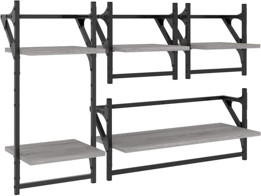 The Living Store 4-delige Wandschappenset met stangen bewerkt hout grijs sonoma Wanddecoratie Wandplanken Houten Wandopbergen Grijze Meubels Woondecoratie