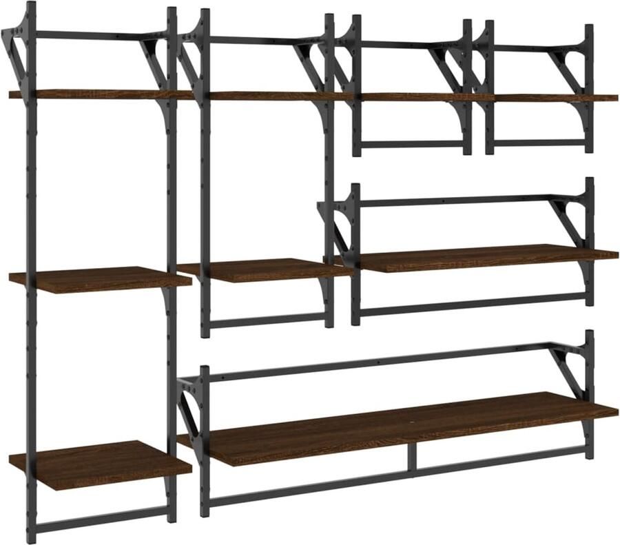 VidaXL Wandschappenset Wandschappensets Wandschap Wandplank 6-delige Wandschappenset met stangen bewerkt hout bruineiken