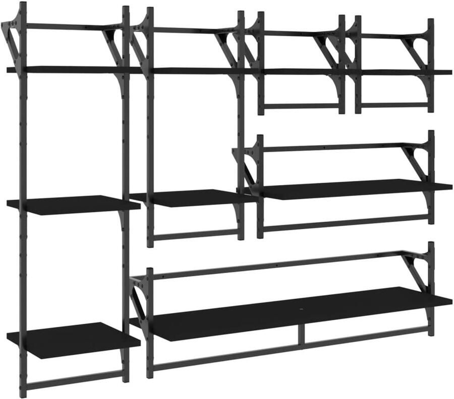 VidaXL Wandschappenset Wandschappensets Wandschap Wandplank 6-delige Wandschappenset met stangen bewerkt hout zwart