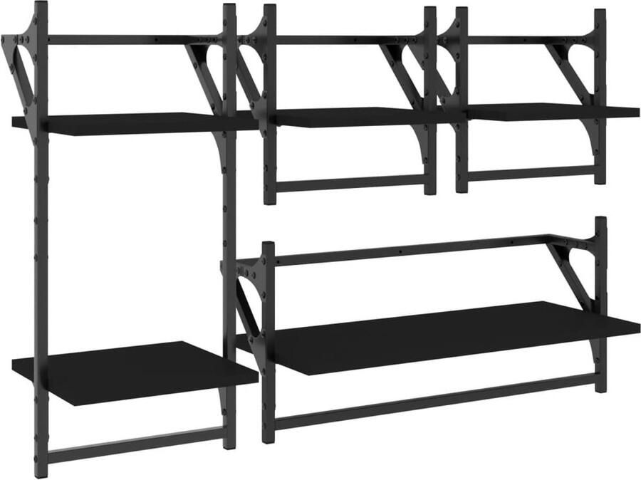 VidaXL Wandschappenset Zwart 4-delig Bewerkte hout en metaal Wanddecoratie Wandplanken Houten Wandopbergen Metalen Wandopbergen Zwevend Rek