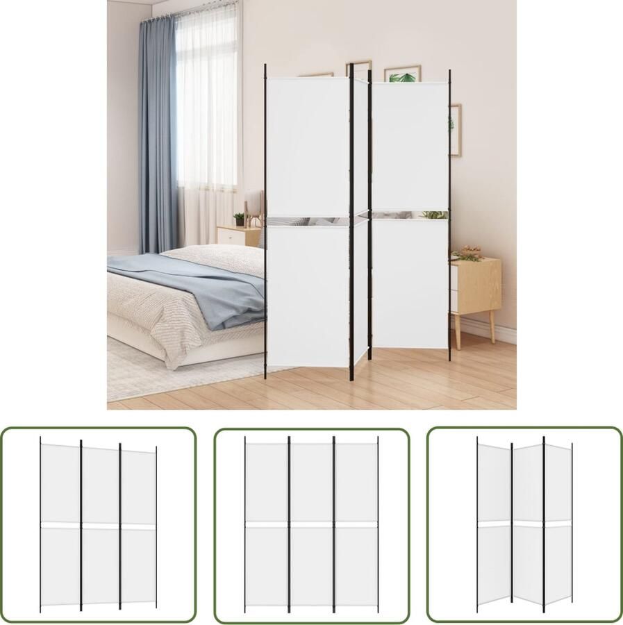 The Living Store Kamerscherm 150 x 200 cm Wit Stof (100% polyester) en ijzer Kamerscherm Wandscheidingsysteem Privacy Screen Stoffen Scherm Wit Scherm