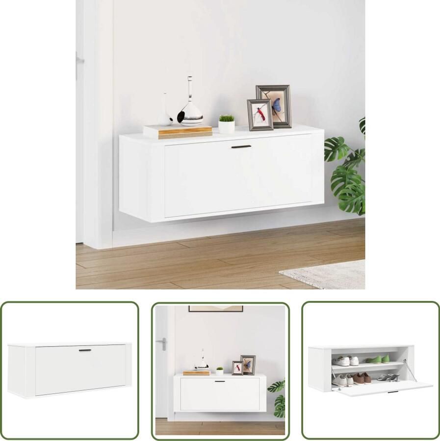 The Living Store Wandschoenenkast 100x35x38 cm bewerkt hout wit Schoenenkast Wandschoen Kast Schoenuitlegger Bergruimte Organisatie - Foto 3