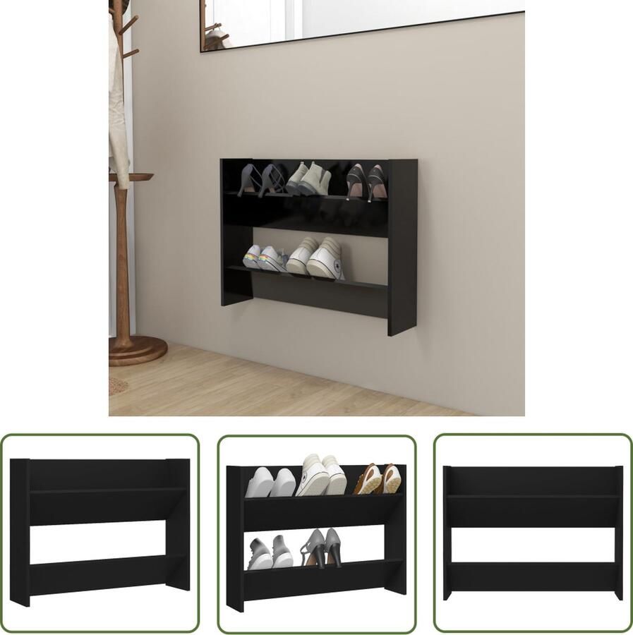 The Living Store Schoenenkast zwarte spaanplaat 80 x 18 x 60 cm 2 schuine schappen Schoenenkast Wandschoen Kast Schoenuitlegger Organisatie Bergruimte - Foto 2