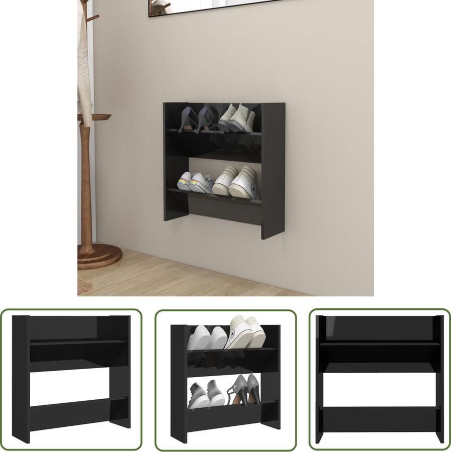 The Living Store Wandschoenenkast 60x18x60 cm bewerkt hout hoogglans zwart Schoenenkast Wandschoenendoos Schoenuitlegger Organisatie Opslag - Foto 2
