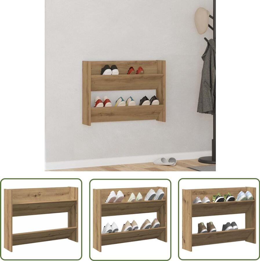 VidaXL Wandschoenenkast 80x18x60 cm bewerkt hout artisanaal eikenkleur Schoenenkast Wandschoenendoos Schoenenopbergers Houten Schoenenkast Eiken Schoenenkast