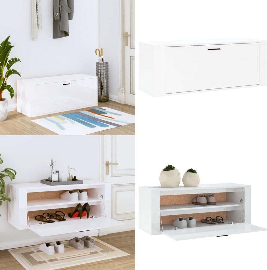 VidaXL Wandschoenenkast 100x35x38 cm bewerkt hout hoogglans wit Wandschoenenkast Wandschoenenkasten Wandkast Voor Schoenen Schoenenkast Wand