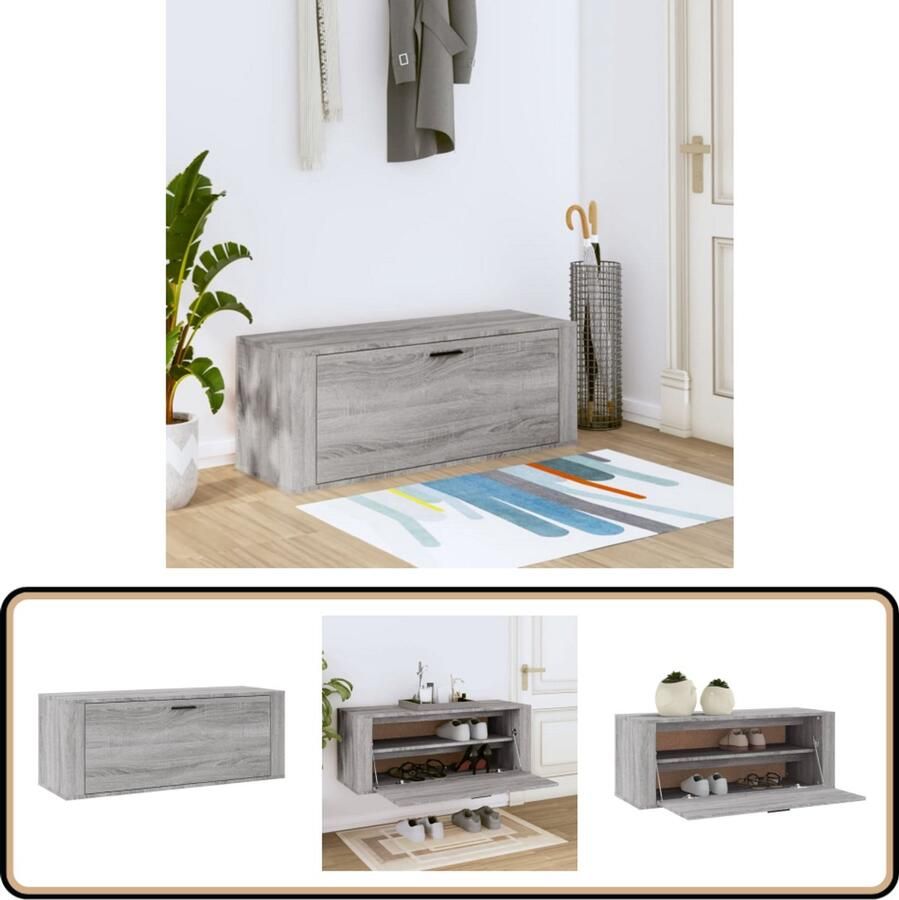 VidaXL Wandschoenenkast 100x35x38 cm Grijs eiken Schoenenkast Wandschoen Kast Schoenen Opbergen Organisatie Bergruimte Grijze Meubels Houten Meubelen Modern Interieur