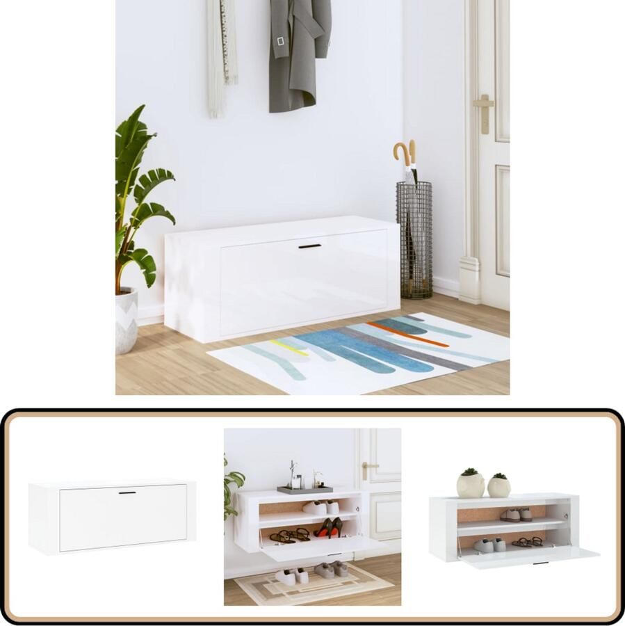VidaXL Wandschoenenkast 100x35x38 cm Hoogglans wit Wand Schoenenkast Schoenen Kast Muur Schoenen Organisatie Bergruimte Schoenen Witte Schoenenkast