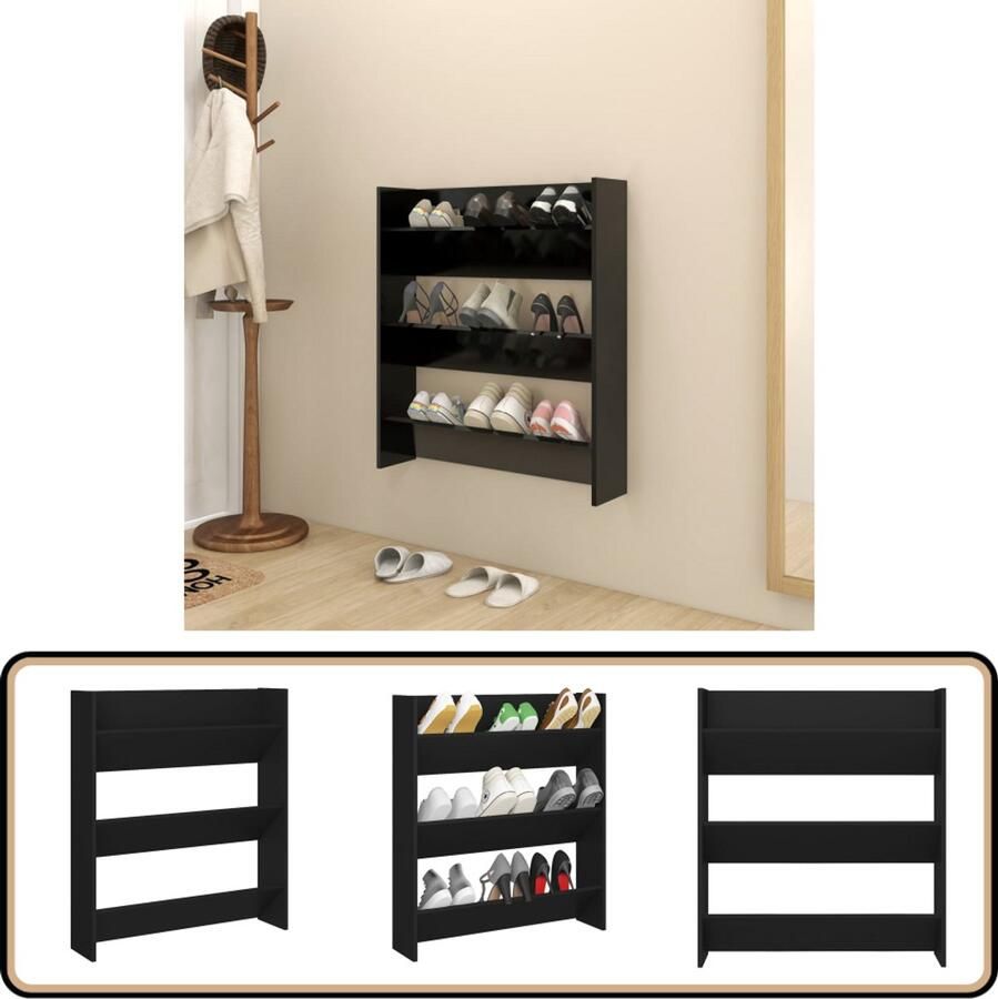 VidaXL Wandschoenenkast 80x18x90 cm Zwart Schoenenkast Wandschoen Kast Schoenuitlegger Bergruimte Organisatie Entreehal Compact Modern Zwart Houten Schoenenkast