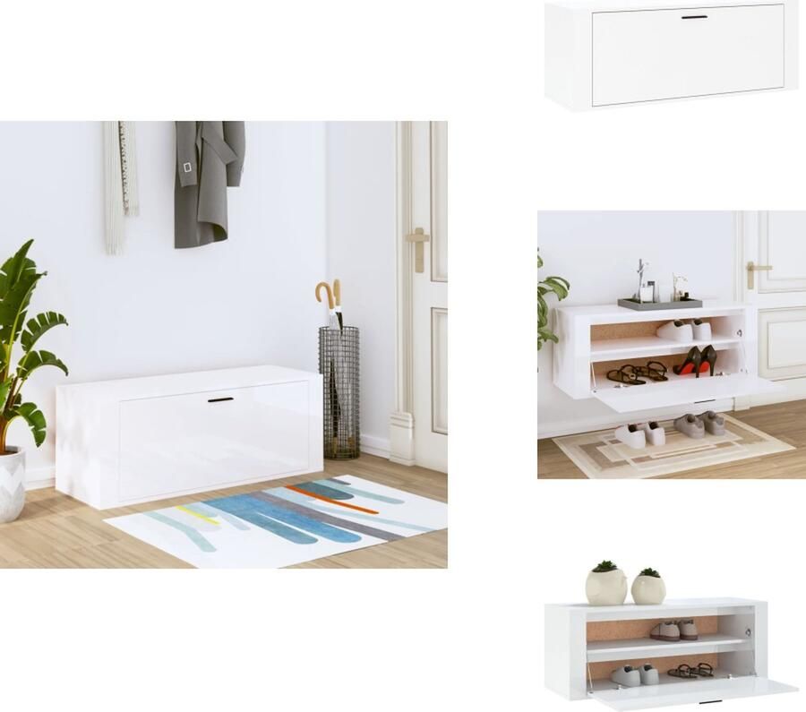 VidaXL Wandschoenenkast Wandschoenenkasten Wandkast Voor Schoenen Schoenenkast Wand Wandschoenenkast 100x35x38 cm bewerkt hout hoogglans wit