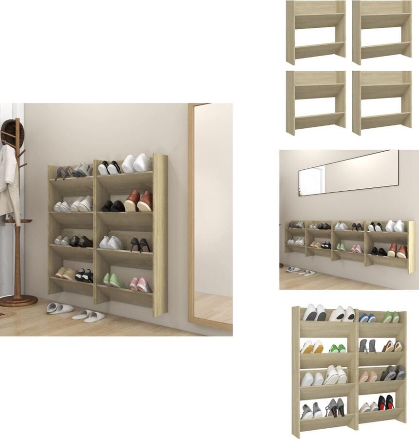 VidaXL Wandschoenenkast Wandschoenenkasten Wandkast Voor Schoenen Wandkasten Voor Schoenen Wandschoenenkasten 4 st 60x18x60 cm bewerkt hout sonoma eiken