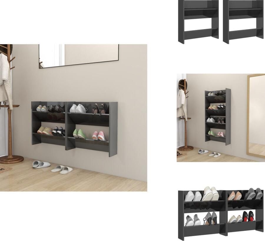 VidaXL Wandschoenenkast Wandschoenenkasten Wandkast Voor Schoenen Wandkasten Voor Schoenen Wandschoenenkasten 2 st 60x18x60 cm spaanplaat hoogglans grijs