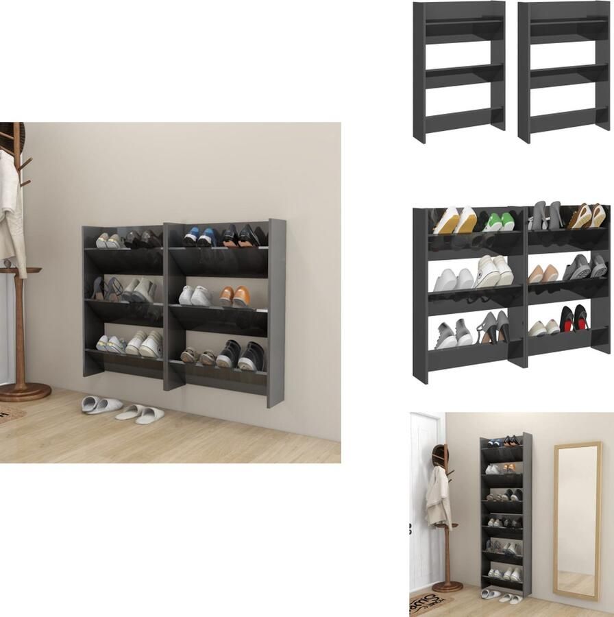 VidaXL Wandschoenenkast Wandschoenenkasten Wandkast Voor Schoenen Wandkasten Voor Schoenen Wandschoenenkasten 2 st 60x18x90 cm spaanplaat hoogglans grijs
