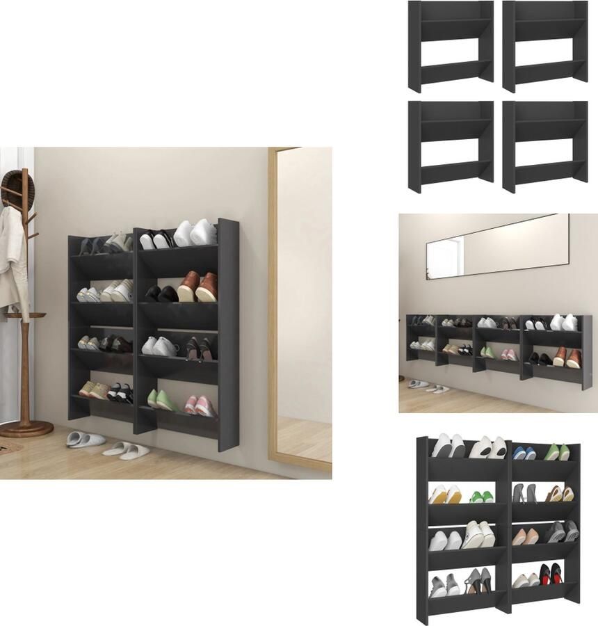 VidaXL Wandschoenenkast Wandschoenenkasten Wandkast Voor Schoenen Wandkasten Voor Schoenen Wandschoenenkasten 4 st 60x18x60 cm bewerkt hout grijs