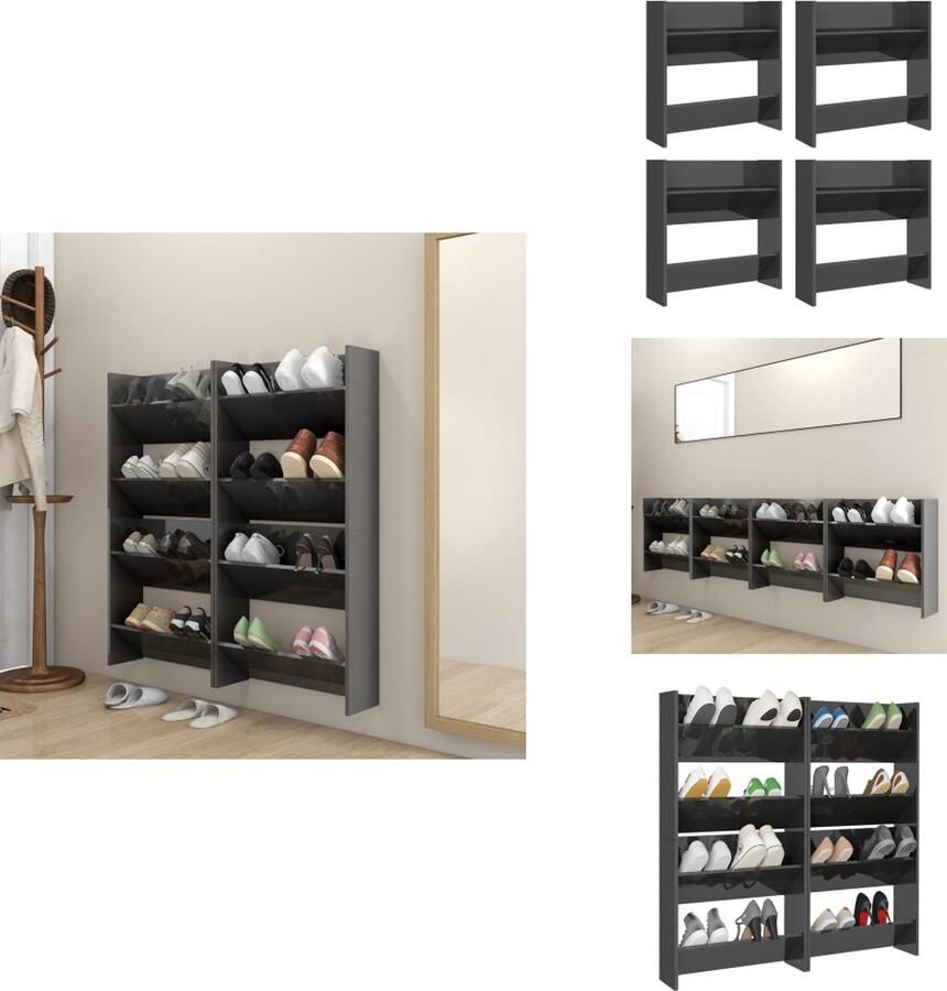 VidaXL Wandschoenenkast Wandschoenenkasten Wandkast Voor Schoenen Wandkasten Voor Schoenen Wandschoenenkasten 4 st 60x18x60 cm spaanplaat hoogglans grijs