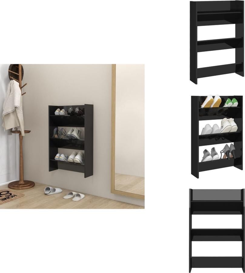 VidaXL Wandschoenenkast Wandschoenenkasten Wandkast Voor Schoenen Wandkasten Voor Schoenen Wandschoenenkast 60x18x90 cm bewerkt hout hoogglans zwart