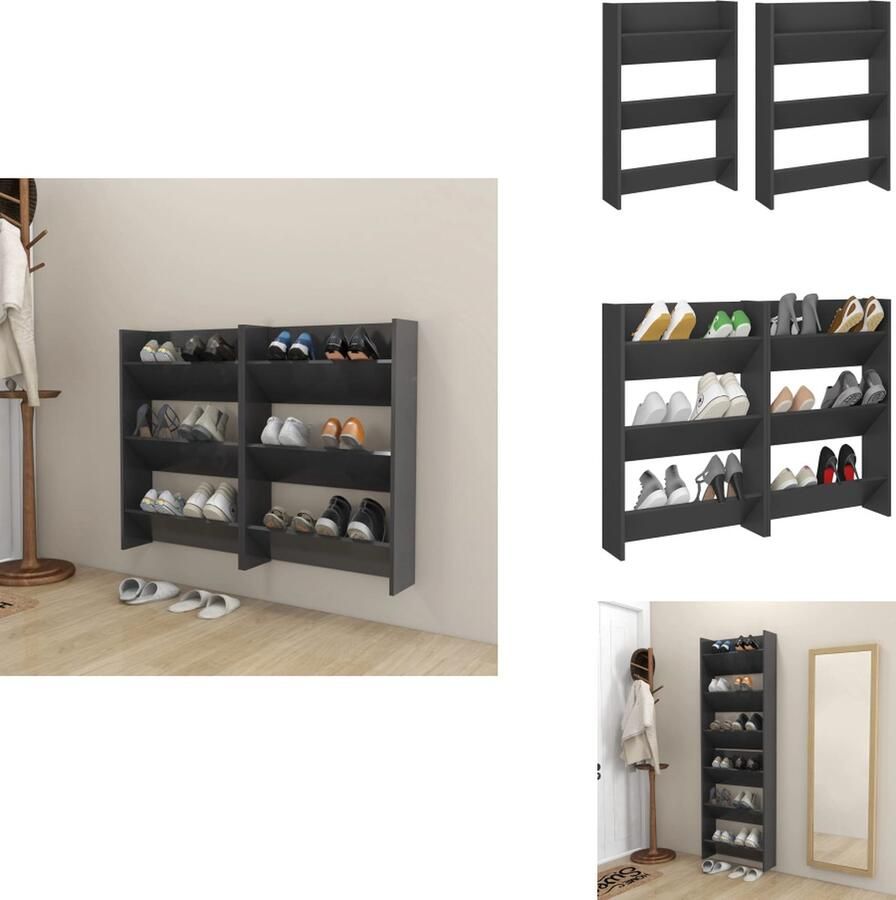 VidaXL Wandschoenenkast Wandschoenenkasten Wandkast Voor Schoenen Wandkasten Voor Schoenen Wandschoenenkasten 2 st 60x18x90 cm bewerkt hout grijs