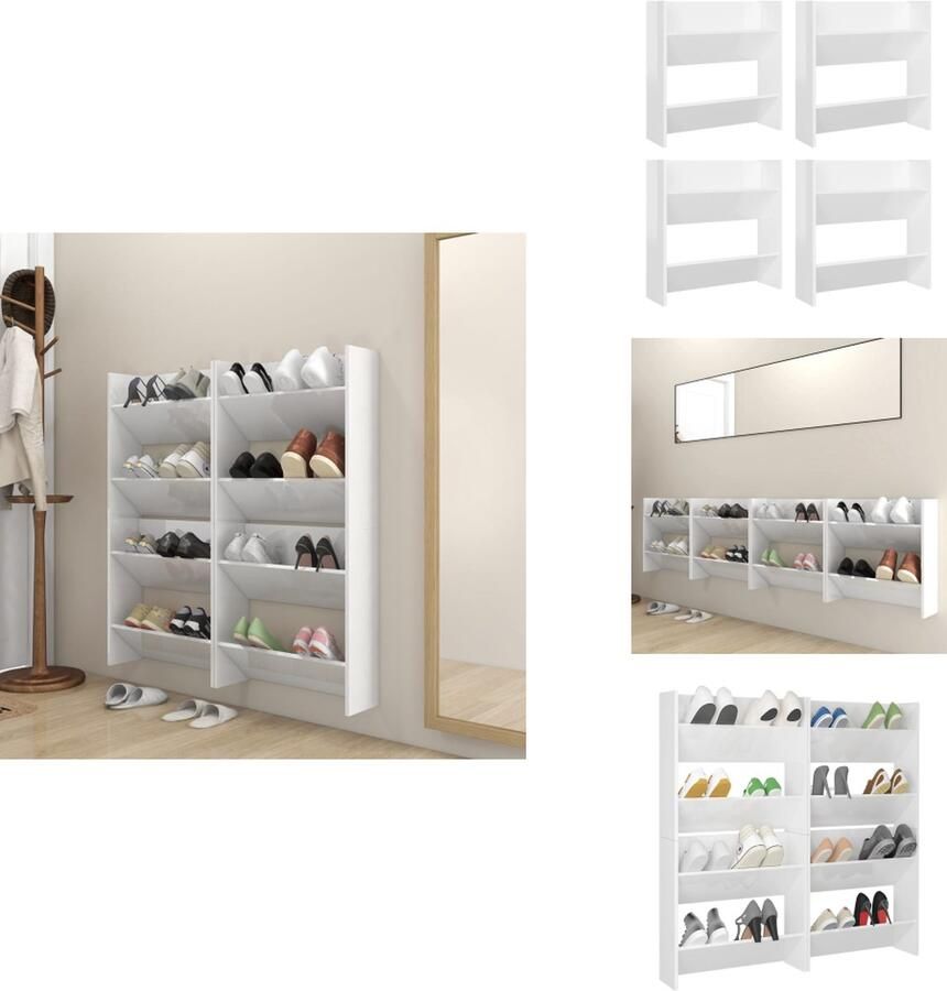 VidaXL Wandschoenenkast Wandschoenenkasten Wandkast Voor Schoenen Wandkasten Voor Schoenen Wandschoenenkasten 4 st 60x18x60 cm bewerkt hout hoogglans wit