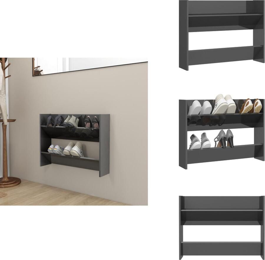 VidaXL Wandschoenenkast Wandschoenenkasten Wandkast Voor Schoenen Wandkasten Voor Schoenen Wandschoenenkast 80x18x60 cm bewerkt hout hoogglans grijs