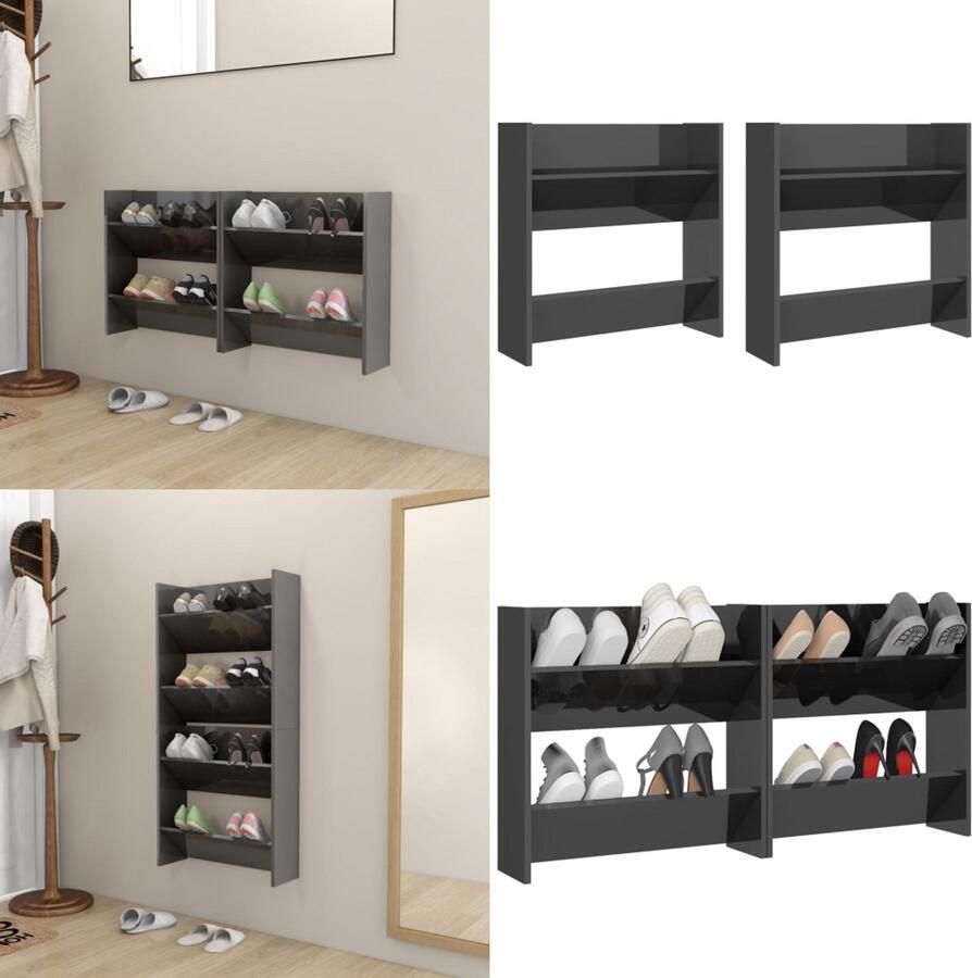 VidaXL Wandschoenenkasten 2 st 60x18x60 cm hout hoogglans grijs Wandschoenenkast Wandschoenenkasten Wandkast Voor Schoenen Wandkasten Voor Schoenen