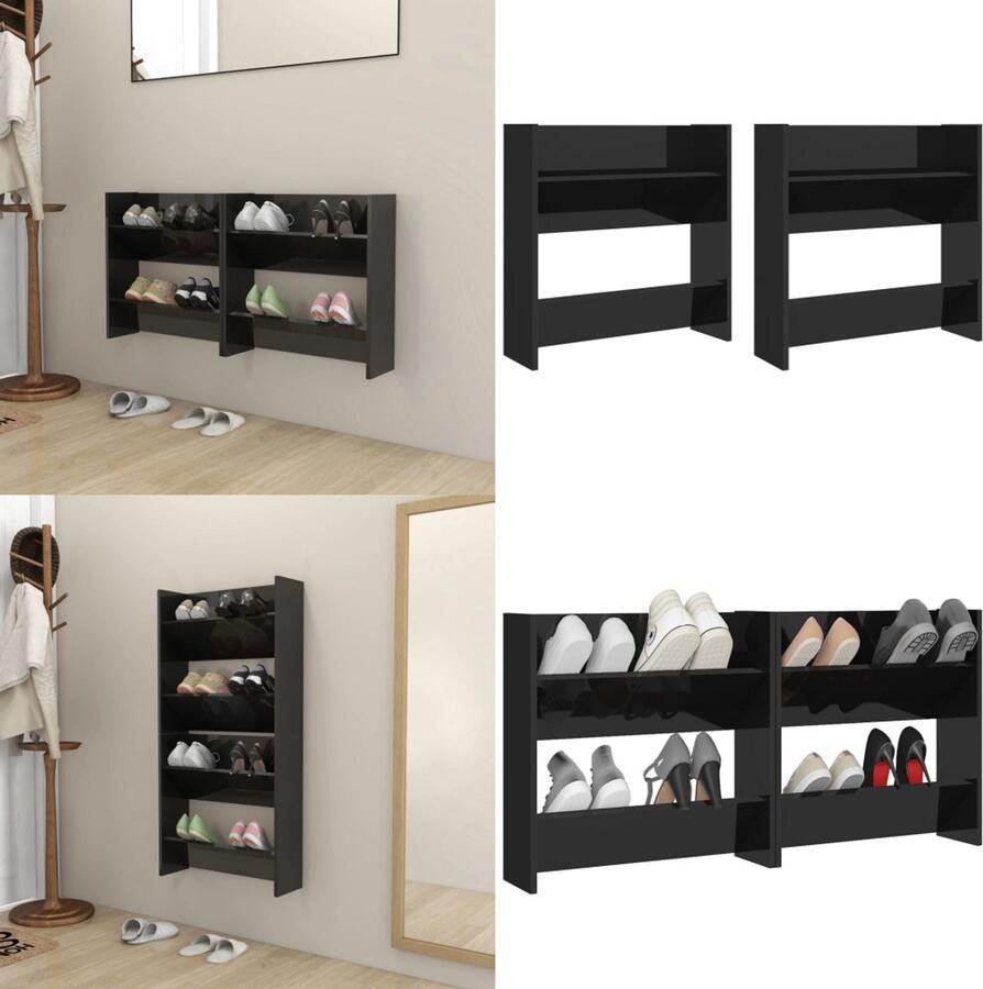 VidaXL Wandschoenenkasten 2 st 60x18x60 cm hout hoogglans zwart Wandschoenenkast Wandschoenenkasten Wandkast Voor Schoenen Wandkasten Voor Schoenen