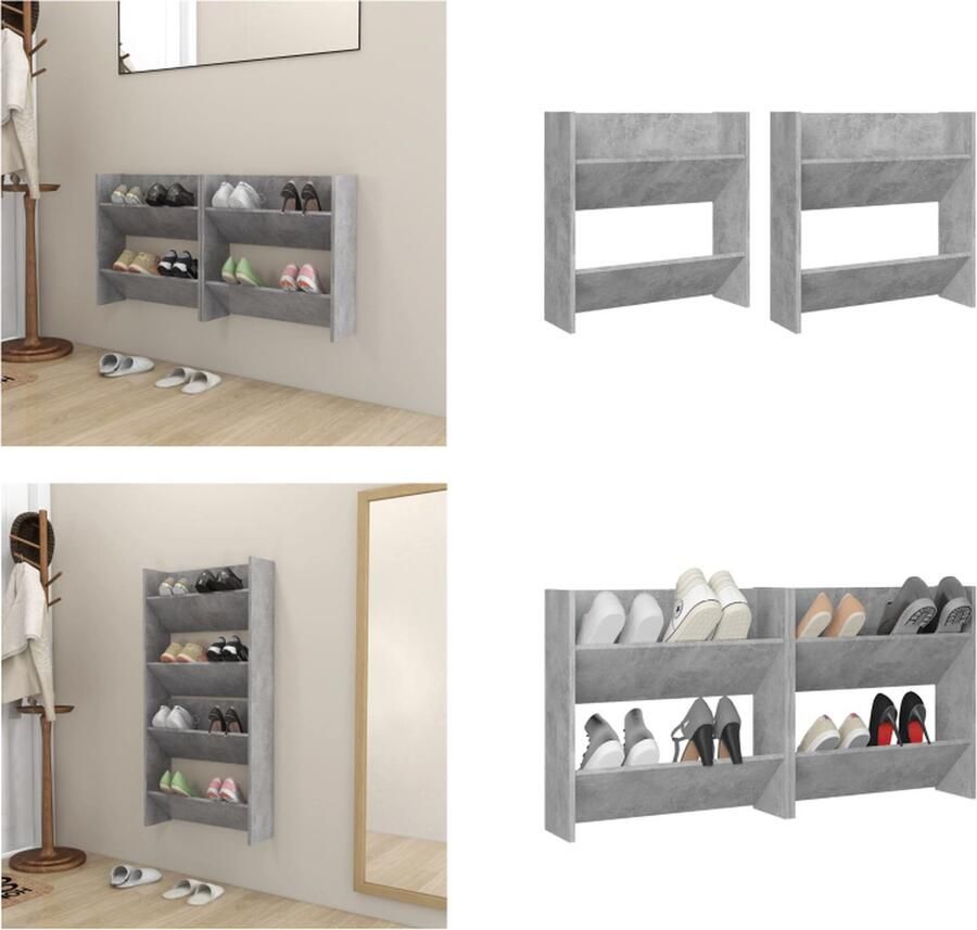 VidaXL Wandschoenenkasten 2 st 60x18x60 cm spaanplaat betongrijs Wandschoenenkast Wandschoenenkasten Wandkast Voor Schoenen Wandkasten Voor Schoenen