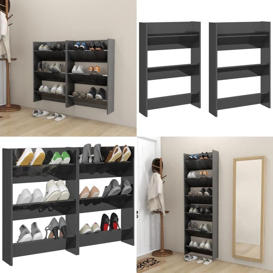 VidaXL Wandschoenenkasten 2 st 60x18x90 cm hout hoogglans grijs Wandschoenenkast Wandschoenenkasten Wandkast Voor Schoenen Wandkasten Voor Schoenen