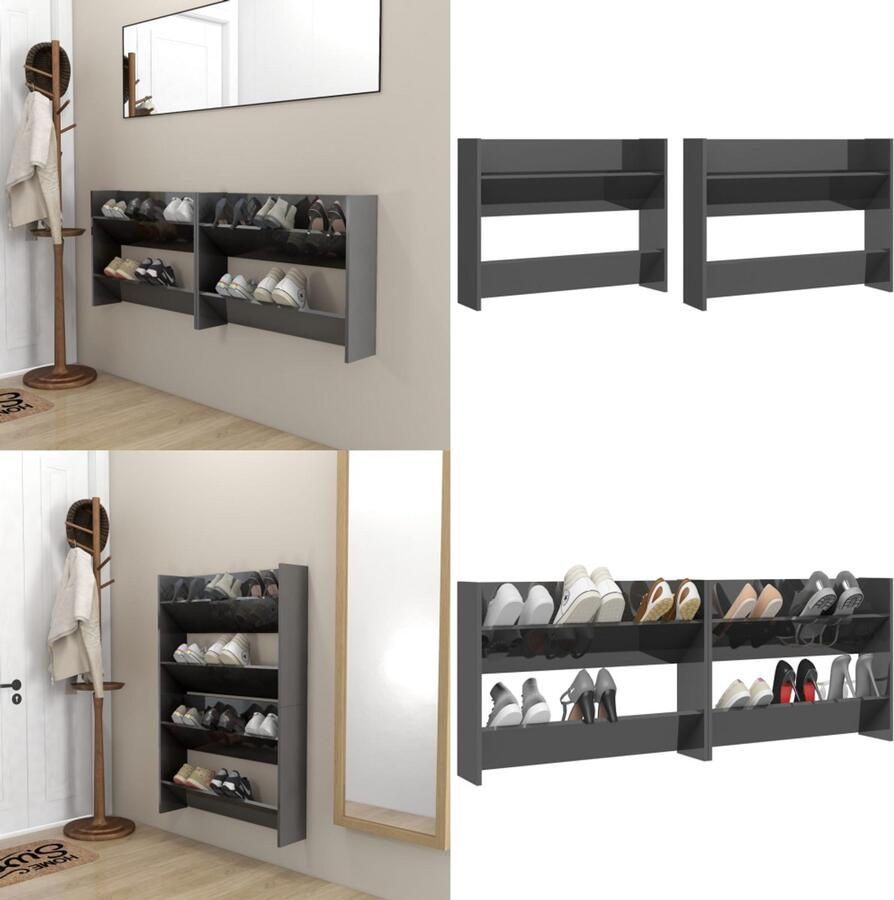 VidaXL Wandschoenenkasten 2 st 80x18x60 cm hout hoogglans grijs Wandschoenenkast Wandschoenenkasten Wandkast Voor Schoenen Wandkasten Voor Schoenen