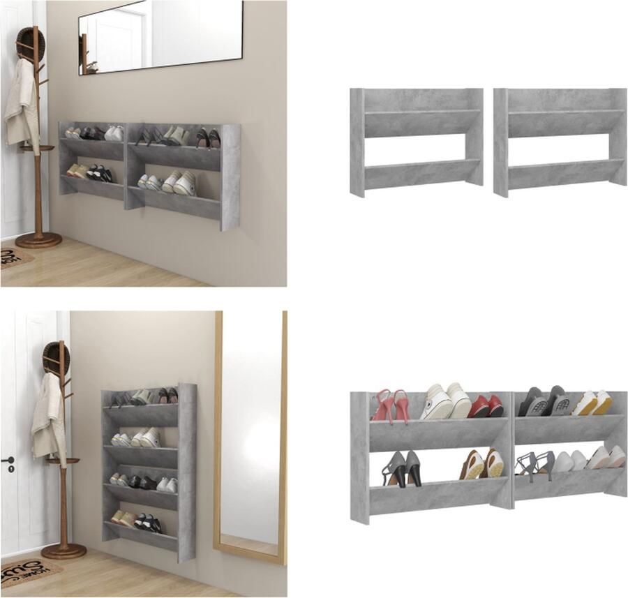 VidaXL Wandschoenenkasten 2 st 80x18x60 cm spaanplaat betongrijs Wandschoenenkast Wandschoenenkasten Wandkast Voor Schoenen Wandkasten Voor Schoenen