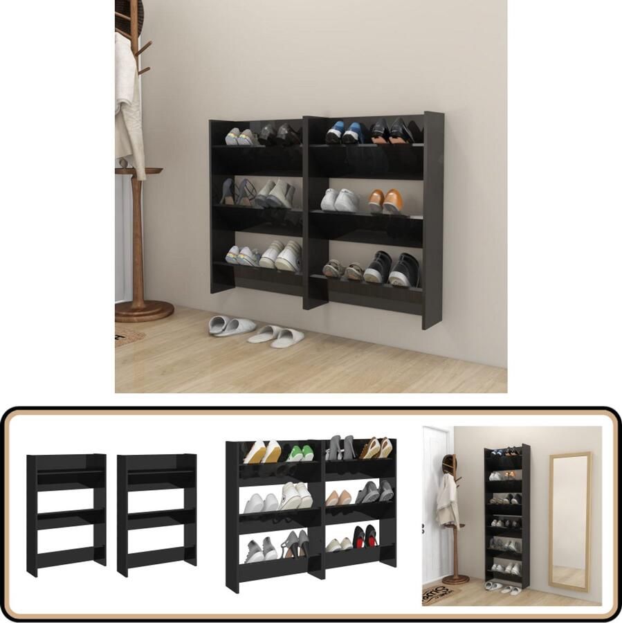 VidaXL Wandschoenenkasten 2 stuks 60x18x90 cm Zwart Schoenenkast Wandschoen Kast Schoenuitlegger Organisatie Bergruimte