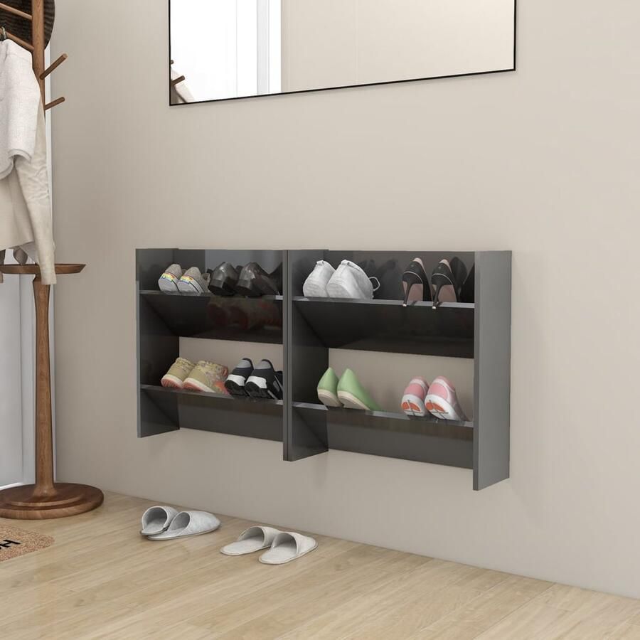 VidaXL Wandschoenenkasten 2 stuks Hoogglans Grijs Schoenenkast Wanden Kast Wand Organizer Schoenen Organisatie Inbouw Kast Entree Meubilair Grijze Schoenenkast - Foto 2