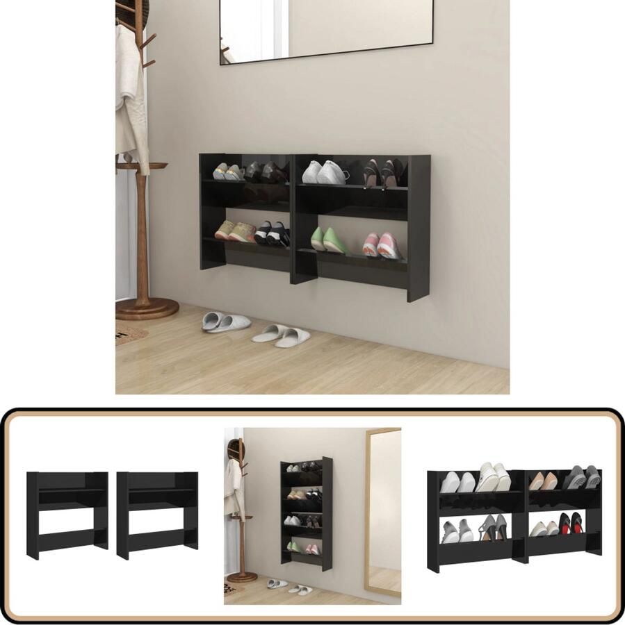 VidaXL Wandschoenenkasten 2 stuks Hoogglans zwart Schoenenkast Wanden Kast Wandmontage Zwarte Schoenenkast Houten Schoenenkast