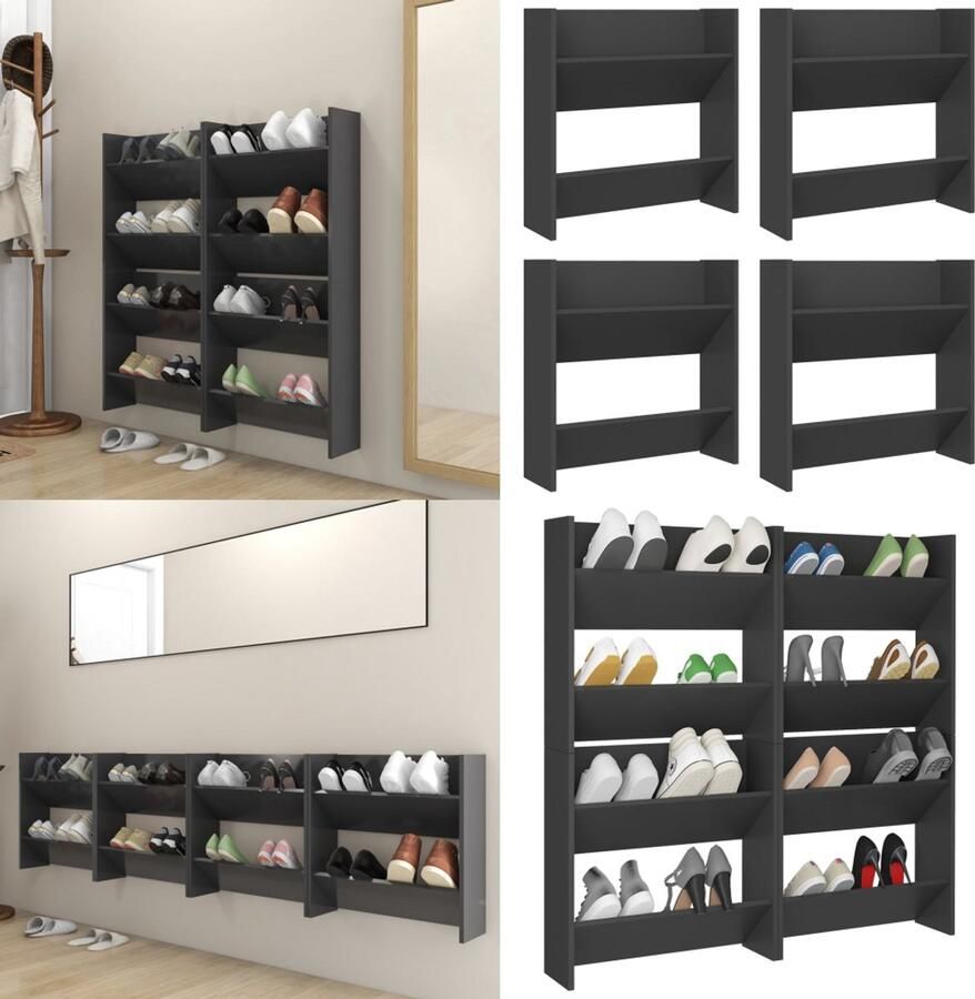 VidaXL Wandschoenenkasten 4 st 60x18x60 cm bewerkt hout grijs Wandschoenenkast Wandschoenenkasten Wandkast Voor Schoenen Wandkasten Voor Schoenen