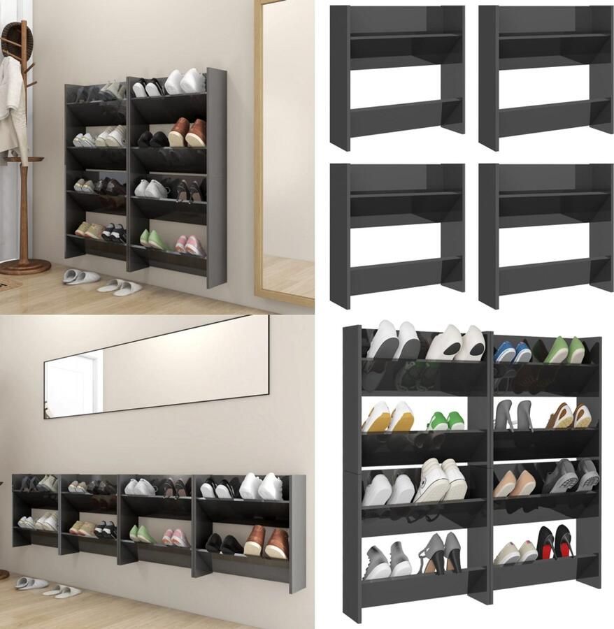 VidaXL Wandschoenenkasten 4 st 60x18x60 cm hout hoogglans grijs Wandschoenenkast Wandschoenenkasten Wandkast Voor Schoenen Wandkasten Voor Schoenen