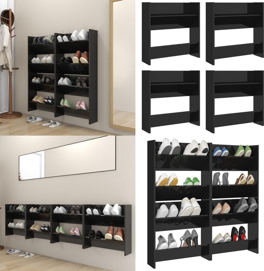 VidaXL Wandschoenenkasten 4 st 60x18x60 cm hout hoogglans zwart Wandschoenenkast Wandschoenenkasten Wandkast Voor Schoenen Wandkasten Voor Schoenen