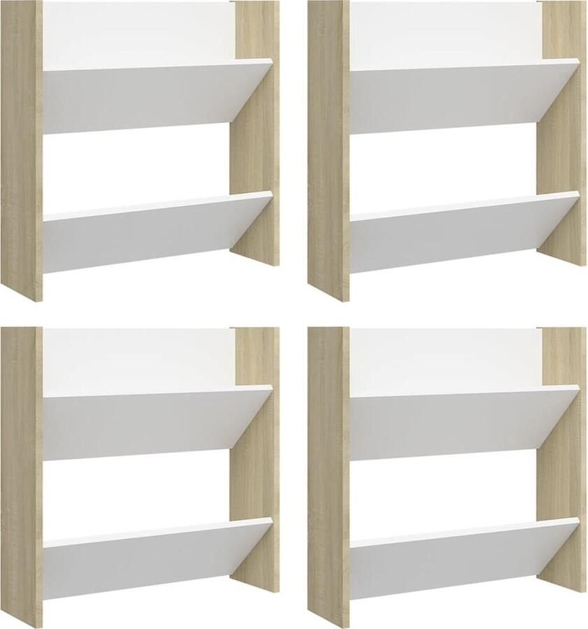 VidaXL Wandschoenenkasten 4 st wit sonoma eiken Schoenenkast Wandenkast Schoenuwen Organisatie Wandmontage Houten Schoenenkast Witte Schoenenkast Sonoma Eiken